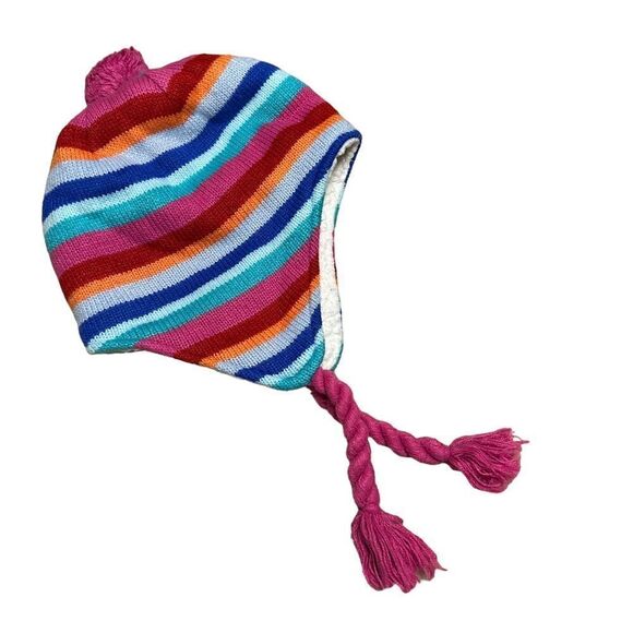 Lands End Pink striped Peruvian fleece lined bobble hat - Picture 1 of 5